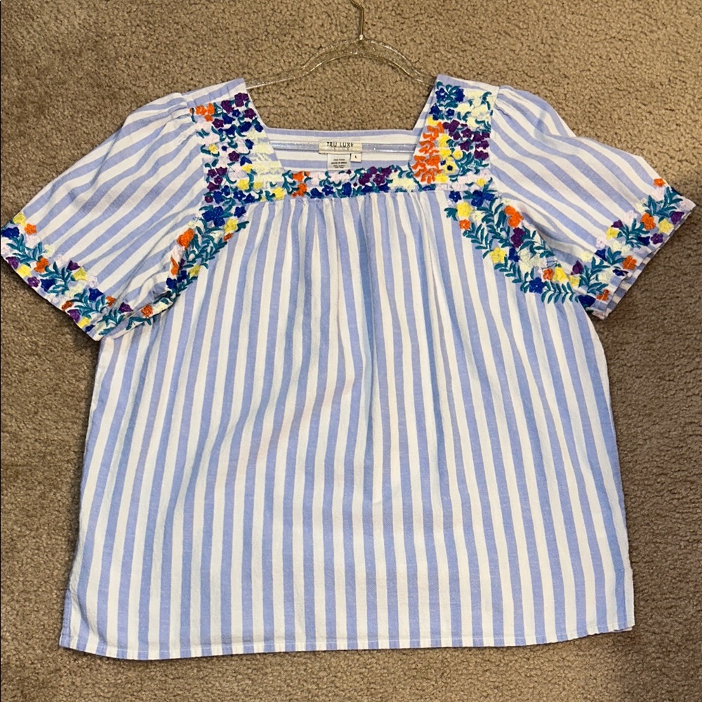 Tru Luxe embroidered Blue & White Striped Top